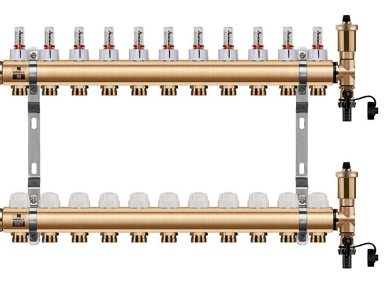 Podlahový rozdělovač WIGELL, 11 okruhů, mosazný + automatické odvzdušňování