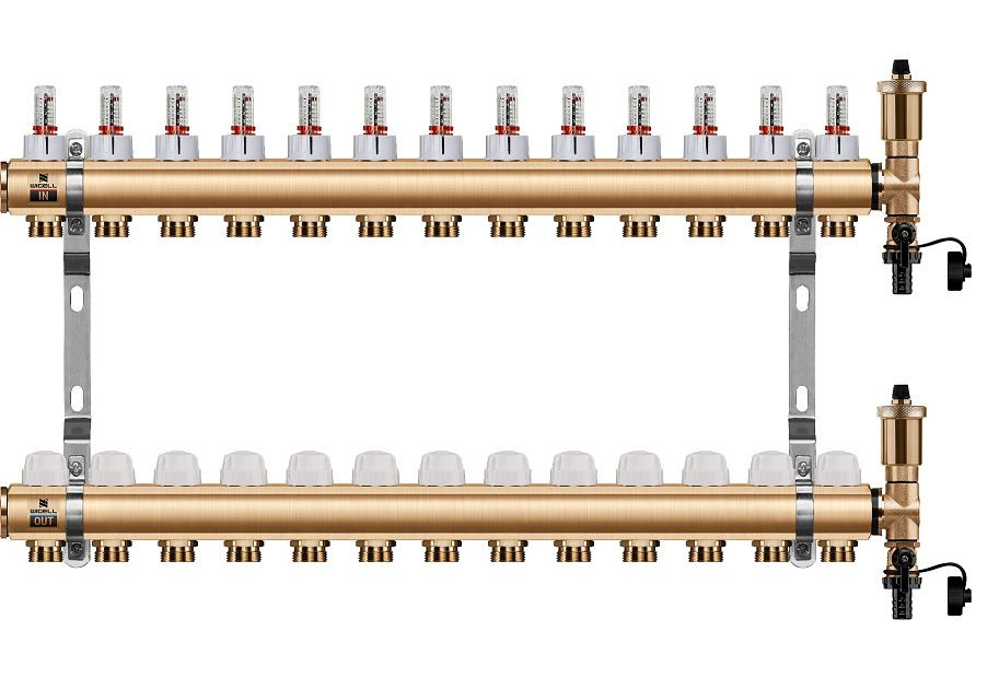 Podlahový rozdělovač WIGELL, 13 okruhů, mosazný + automatické odvzdušňování