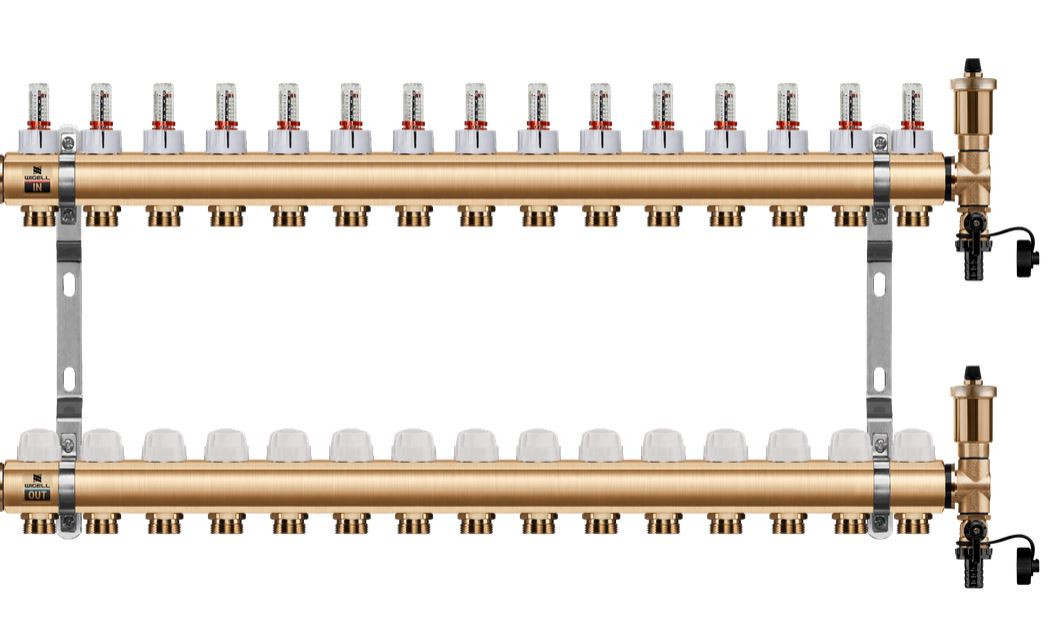 Podlahový rozdělovač WIGELL, 15 okruhů, mosazný + automatické odvzdušňování