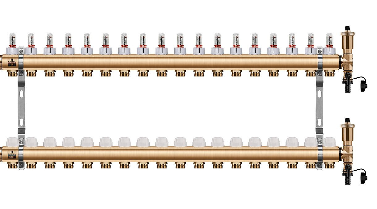 Podlahový rozdělovač WIGELL, 18 okruhů, mosazný + automatické odvzdušňování