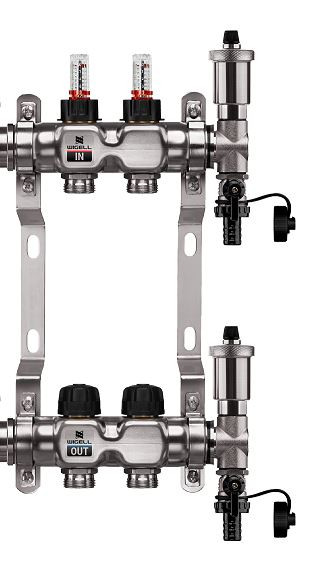 Podlahový rozdělovač WIGELL, 2 okruhy, nerez + automatické odvzdušňování
