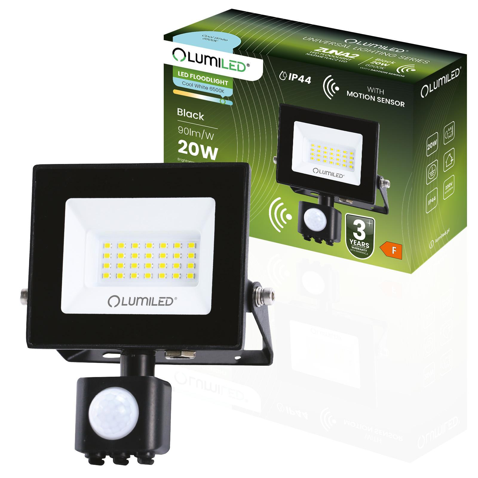 Reflektor LED ZUNA2 20W 1800lm 6500K IP44 Černý čidlo Ruchu LUMILED
