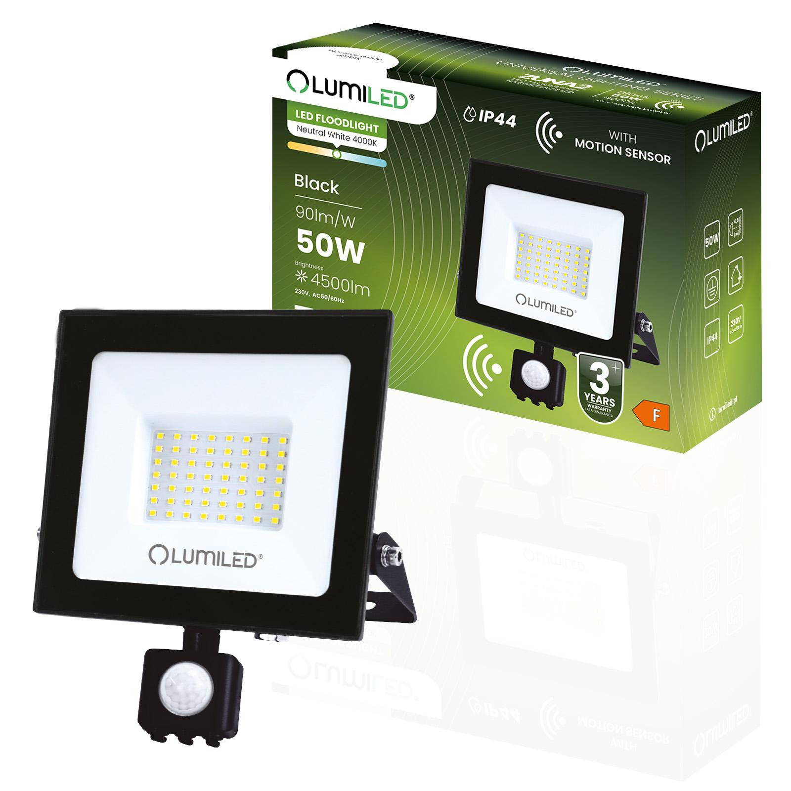Reflektor LED ZUNA2 50W 4500lm 4000K IP44 Černý čidlo Ruchu LUMILED