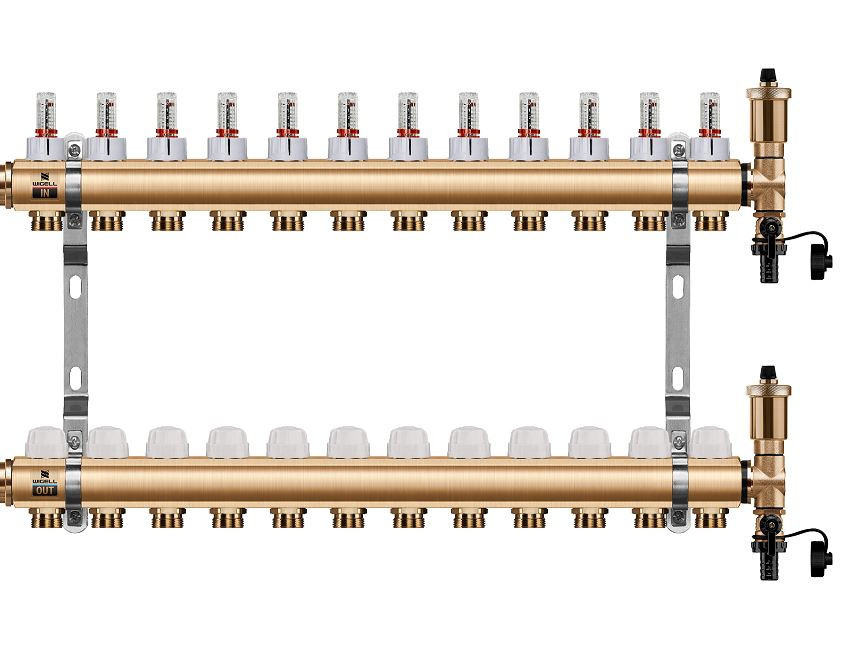 Podlahový rozdělovač WIGELL, 12 okruhů, mosazný + automatické odvzdušňování