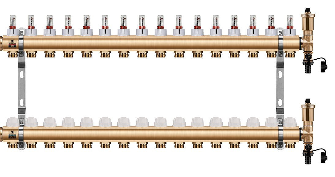 Podlahový rozdělovač WIGELL, 16 okruhů, mosazný + automatické odvzdušňování