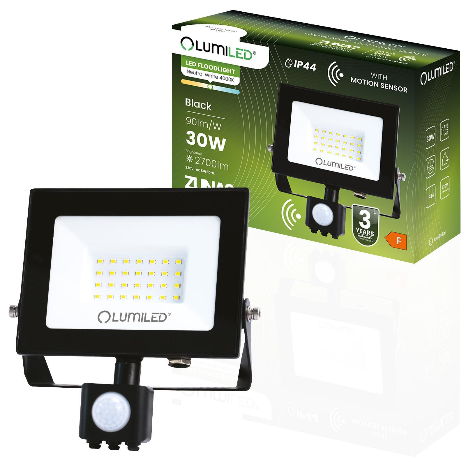 Reflektor LED ZUNA2 30W 2700lm 4000K IP44 Černý čidlo Ruchu LUMILED