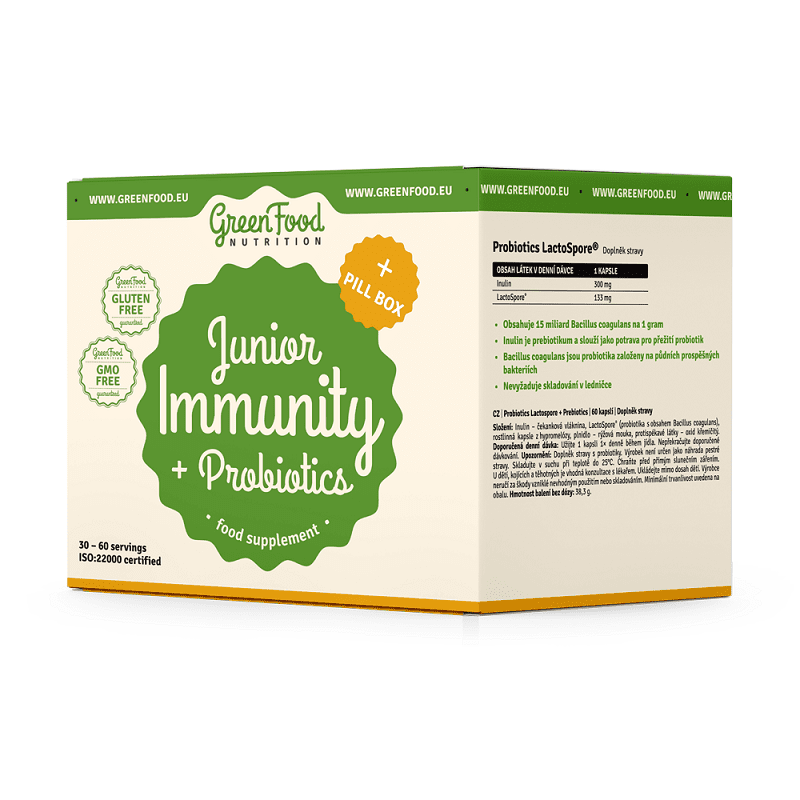 GreenFood Nutrition GreenFood Výhodná Sada Junior Immunity & Probiotics + dárek Pill Box Expirace 4.12.2024