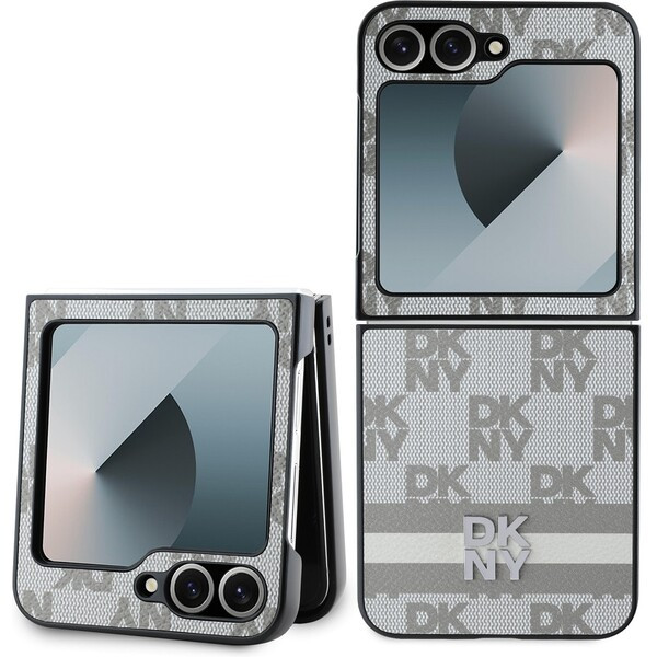 DKNY PU Leather Checkered Pattern and Stripe kryt Samsung Galaxy Z Flip 6 béžový