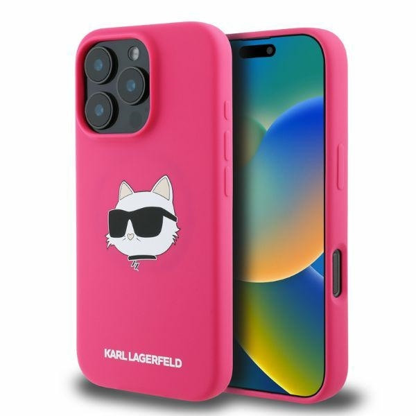 Originální zadní kryt KARL LAGERFELD hardcase Silicone Choupette Head Print MagSafe KLHMP16LSCHPPLF pro iPhone 16 Pro fuchsiový