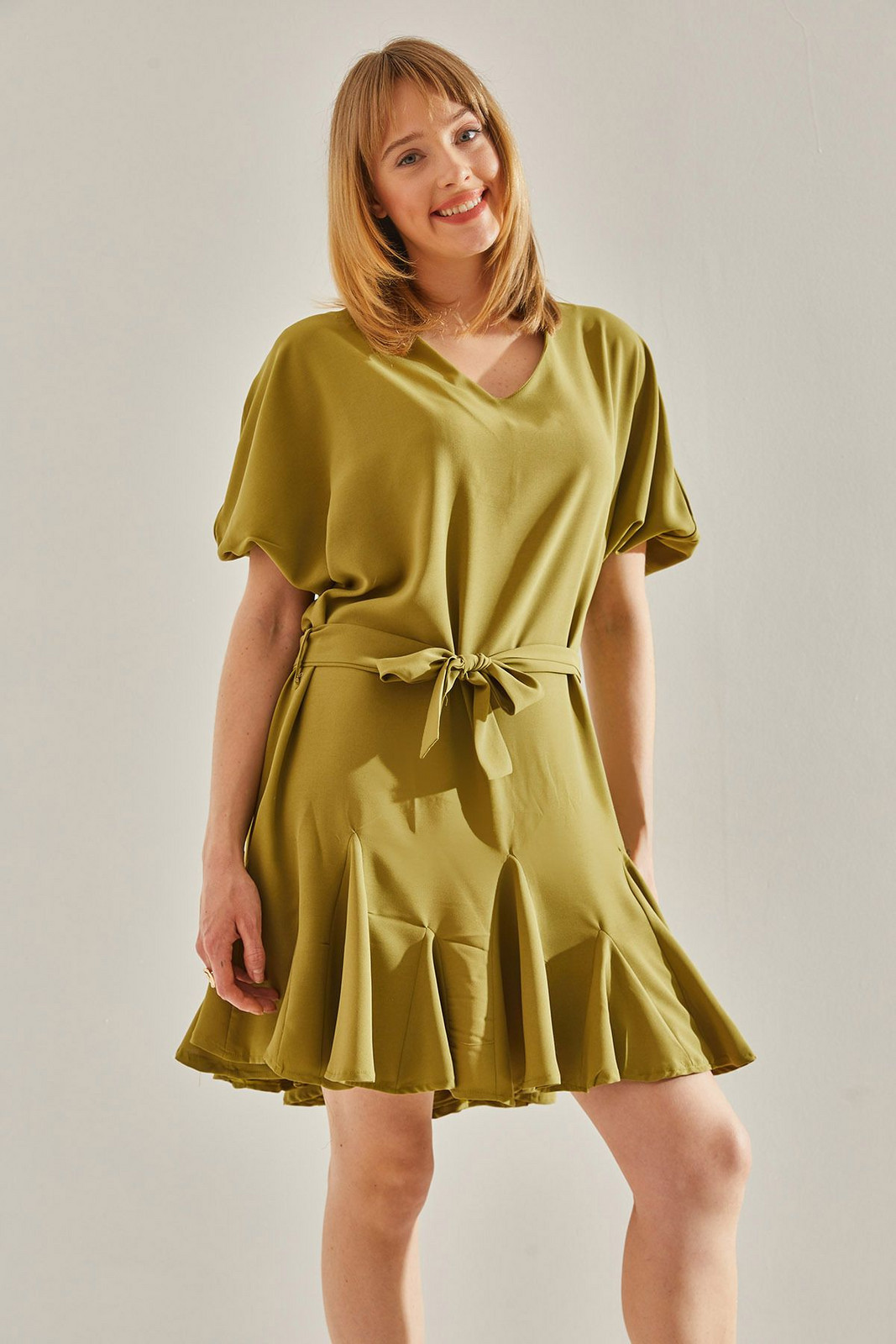 Bianco Lucci Women's Oil Green Ruffle Detailed V-Neck Belted Dress