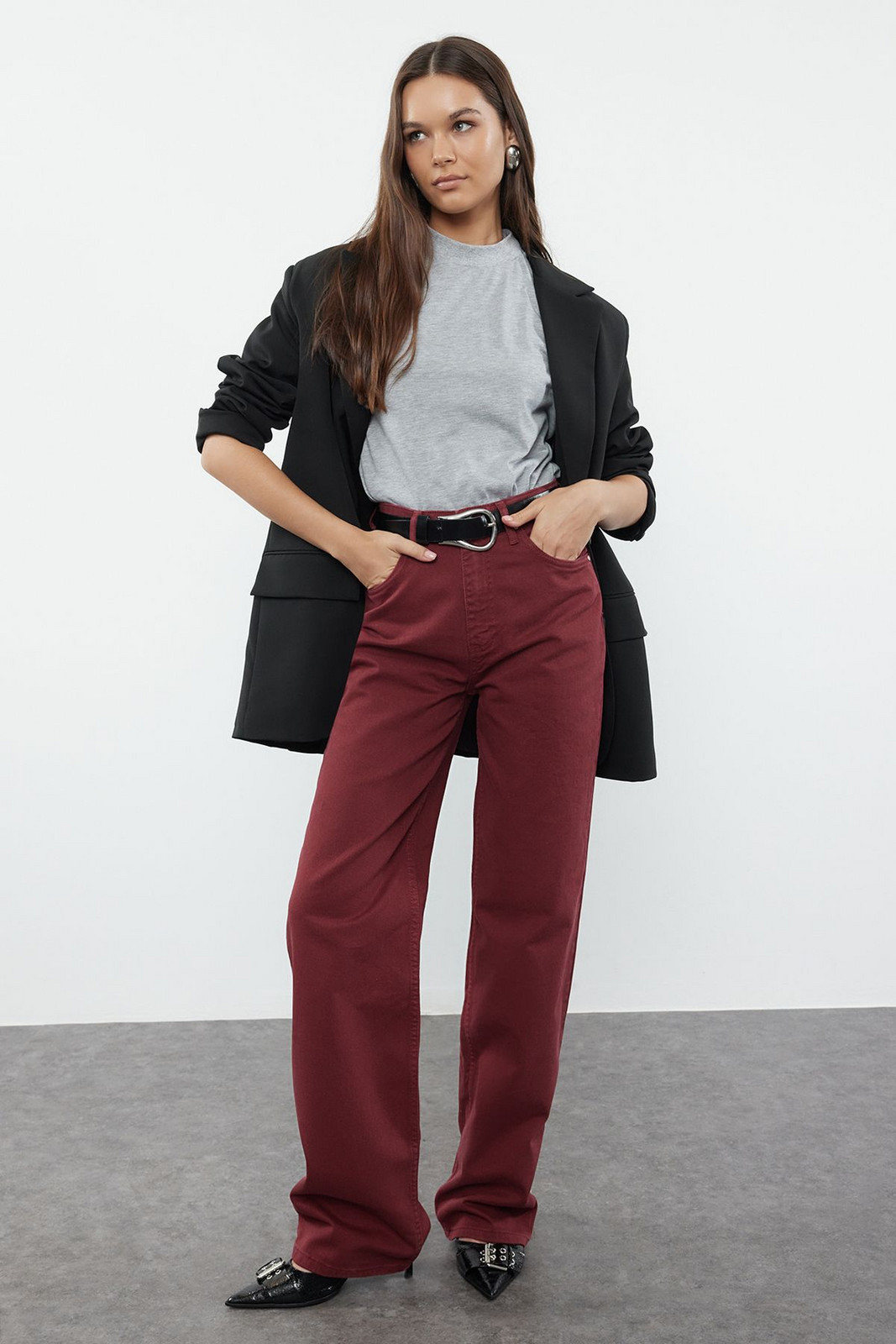 Trendyol Claret Red High Waist Wide Leg Jeans