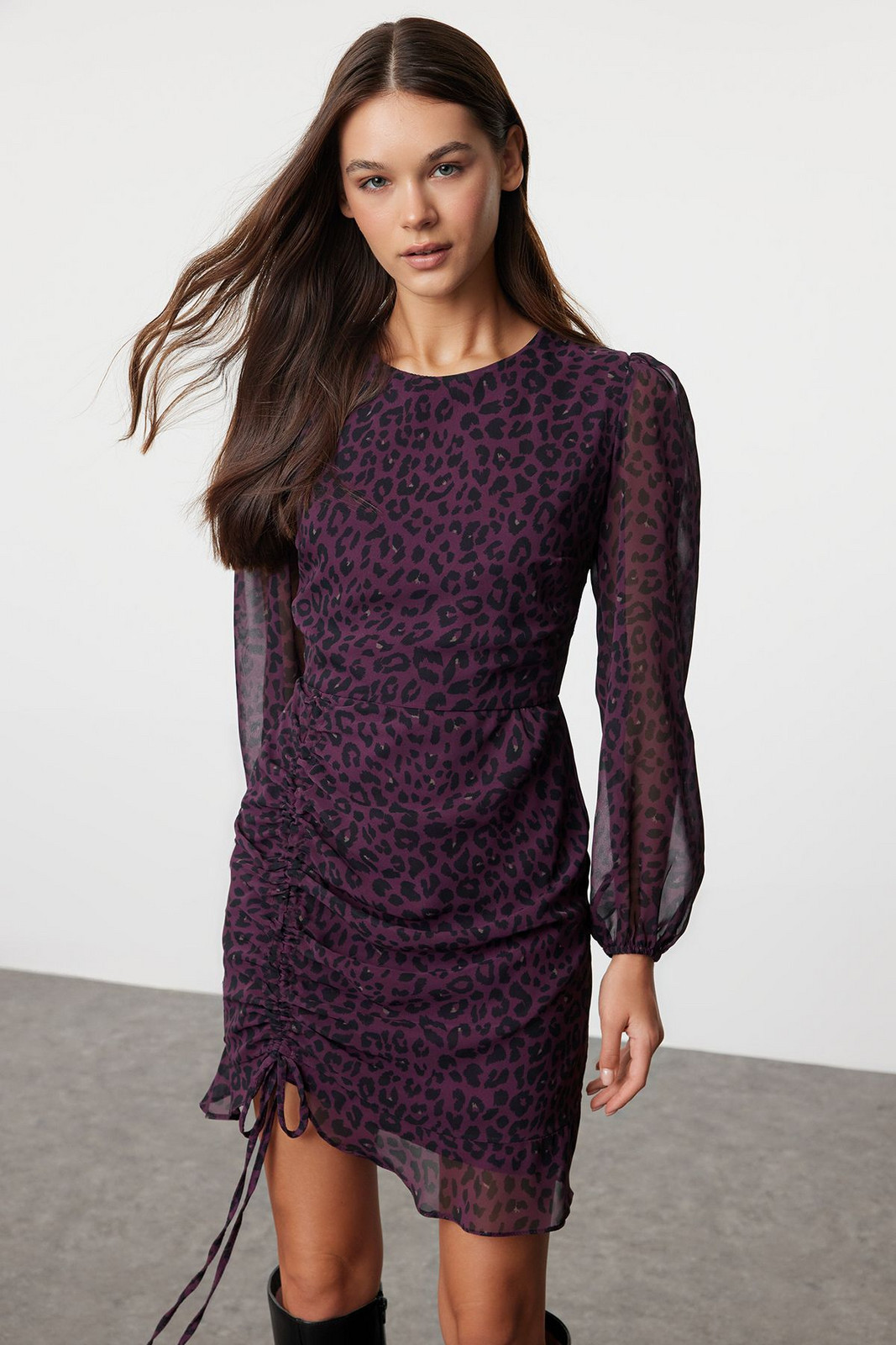 Trendyol Burgundy Leopard Printed Gathered Detailed Mini Woven Dress