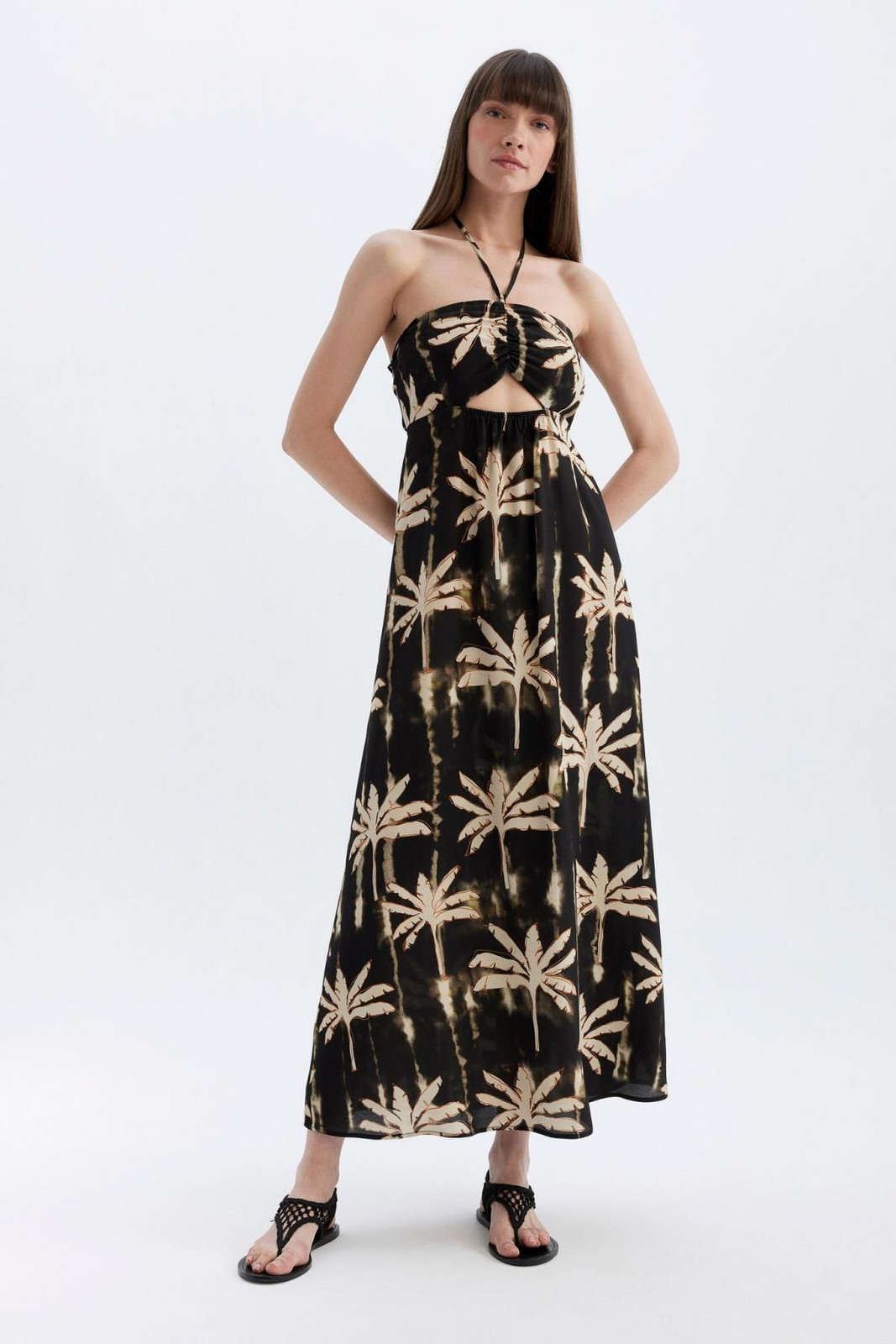 DEFACTO A-Line Halter Neck Printed Leather Maxi Dress