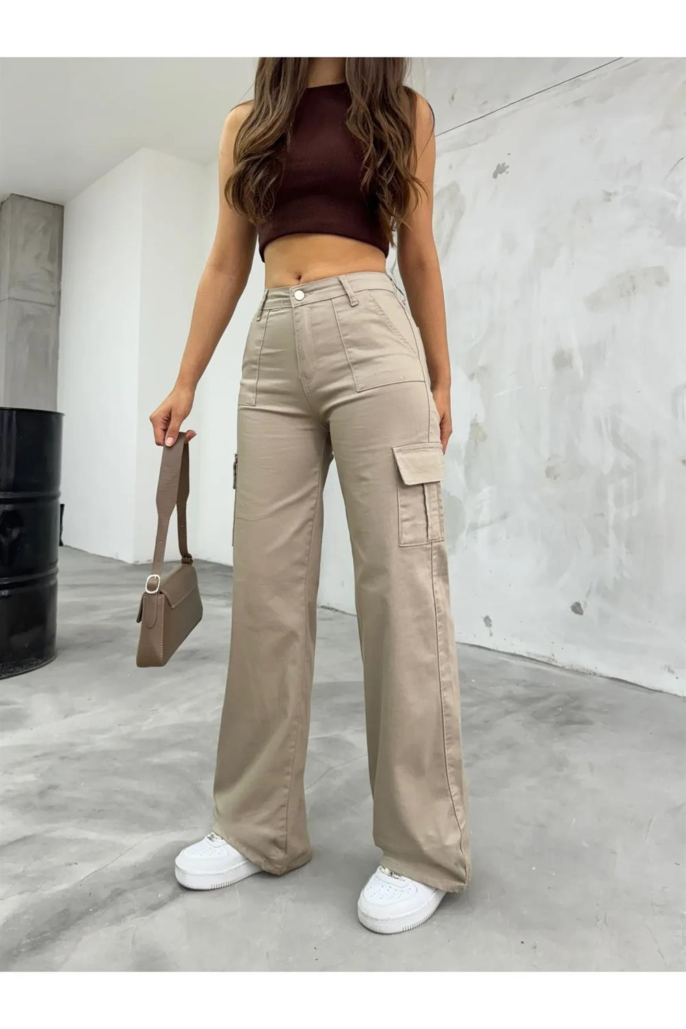 12128 Dewberry High Waist Wide Leg Cargo Pocket Trousers-BEIGE