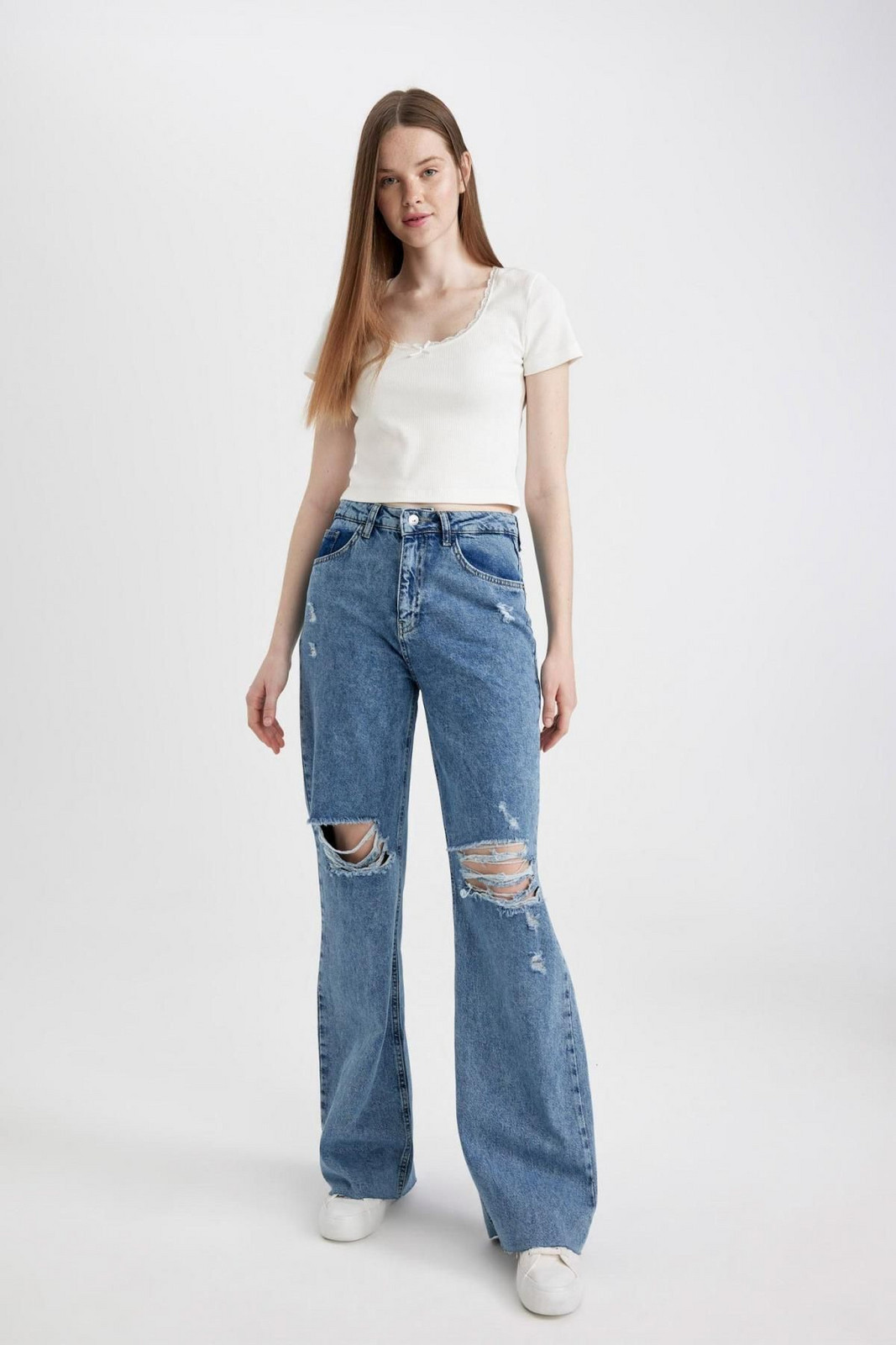 DEFACTO 90's Wide Leg Ripped Detailed High Waist Wide Leg Long Jean Pants