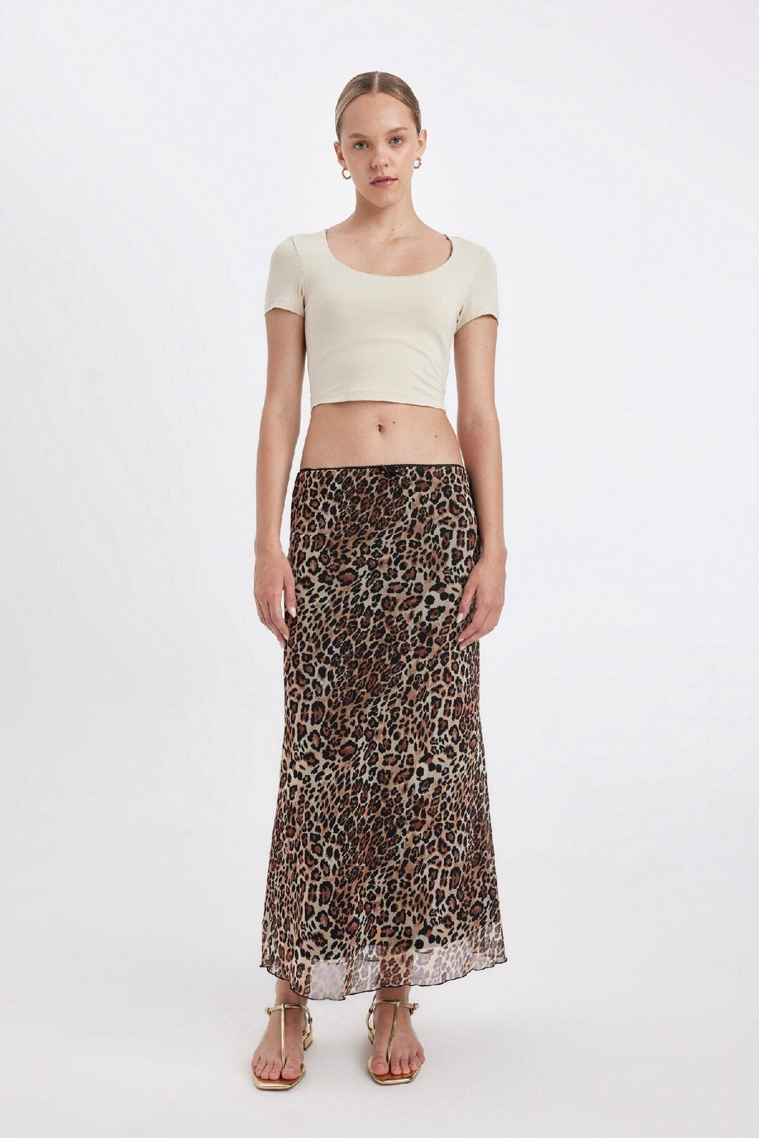 DEFACTO A-Line Leopard Patterned High Waist Cotton Lined Tulle Maxi Skirt