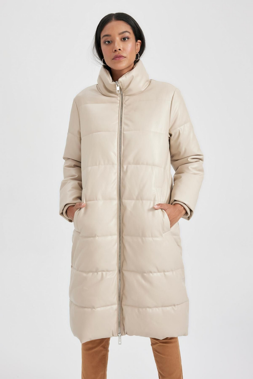 DEFACTO Waterproof Relax Fit Faux Leather Coat Parka