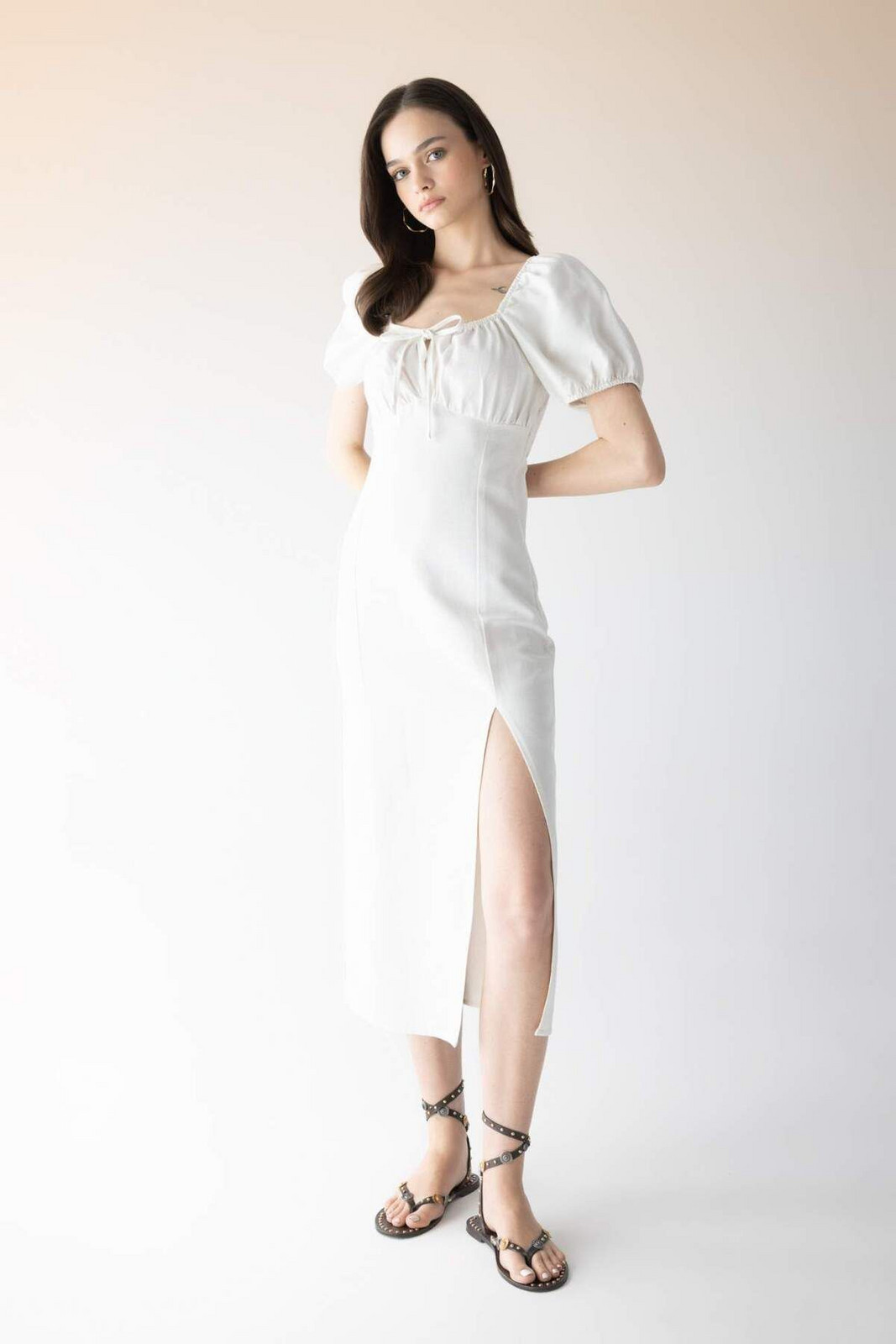 DEFACTO A-Line Gathered Neck Slit White Linen Short Sleeve Midi Dress