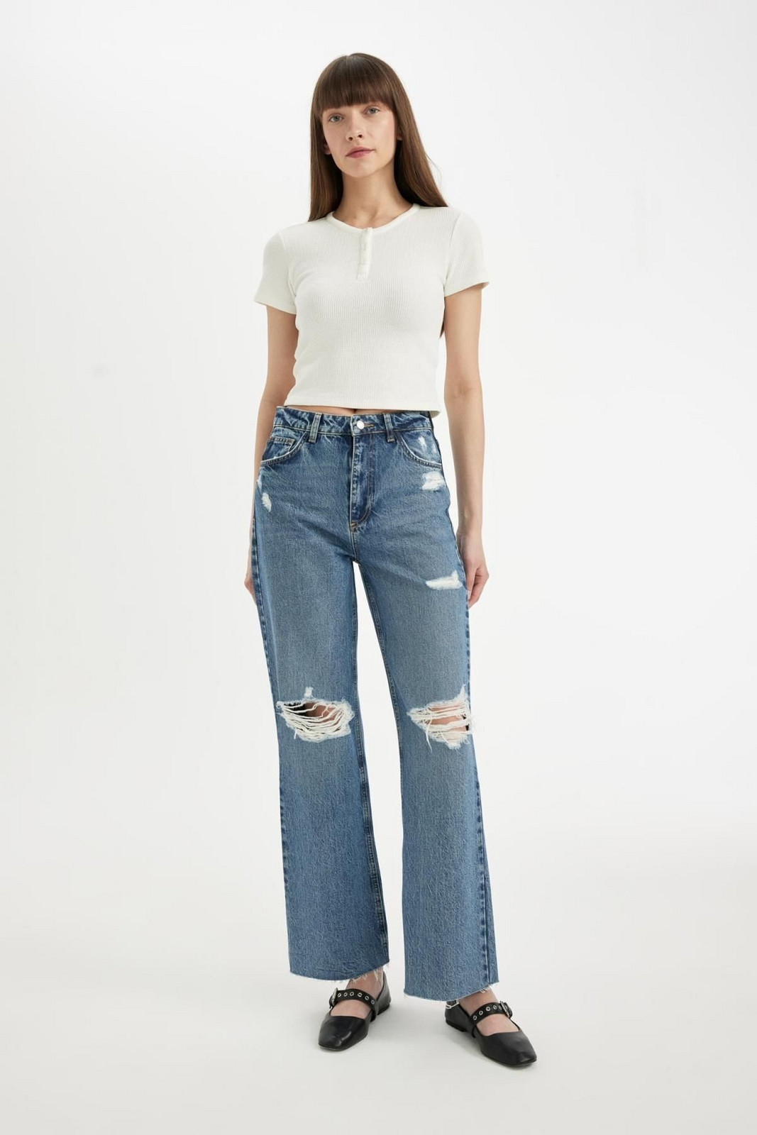 DEFACTO 90's Wide Leg Ripped Detailed High Waist Long Jean Trousers