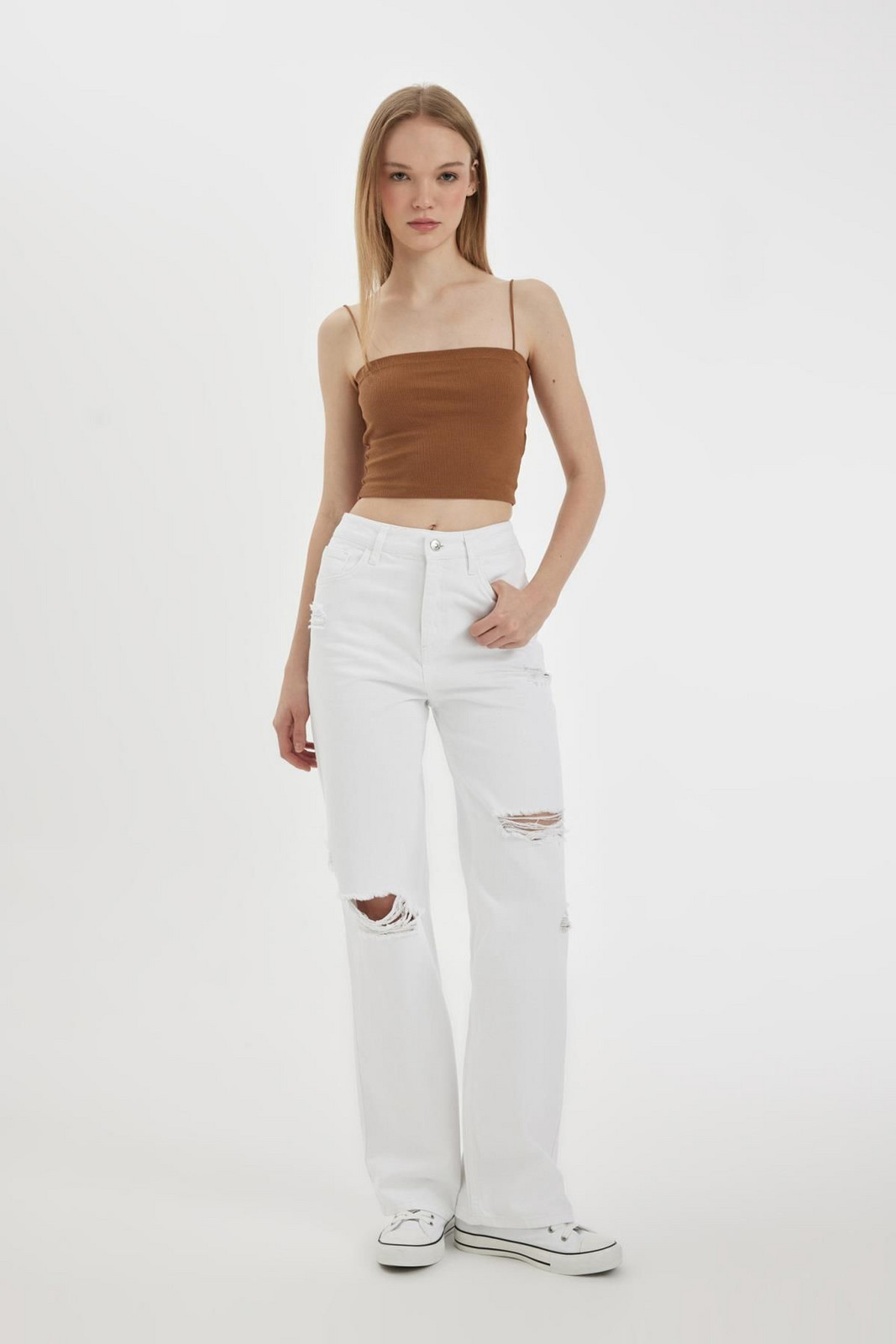 DEFACTO 90's Wide Leg High Waist Wide Leg Long Ripped Detailed White Jean Pants