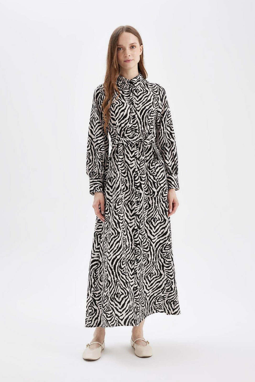 DEFACTO A-Line Patterned Shirt Collar Long Sleeve Maxi Dress