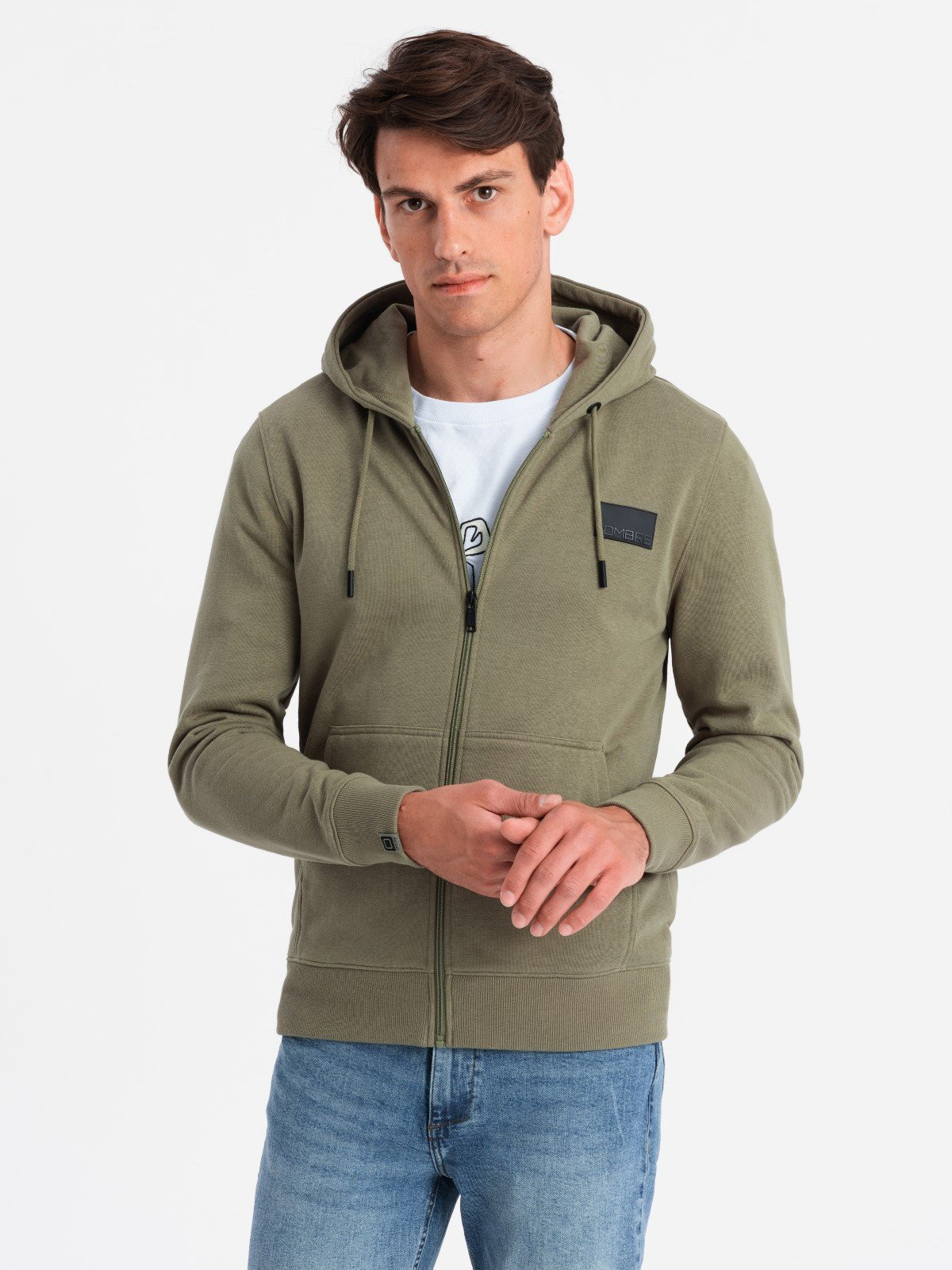 Ombre Unzipped men's sweatshirt with hood and patch - olive