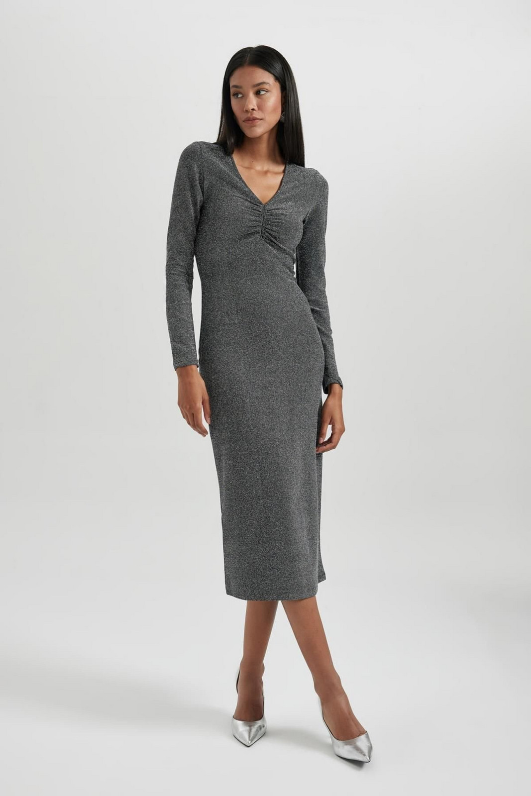 DEFACTO Bodycon V-Neck Sequined Fabric Midi Long Sleeve Dress