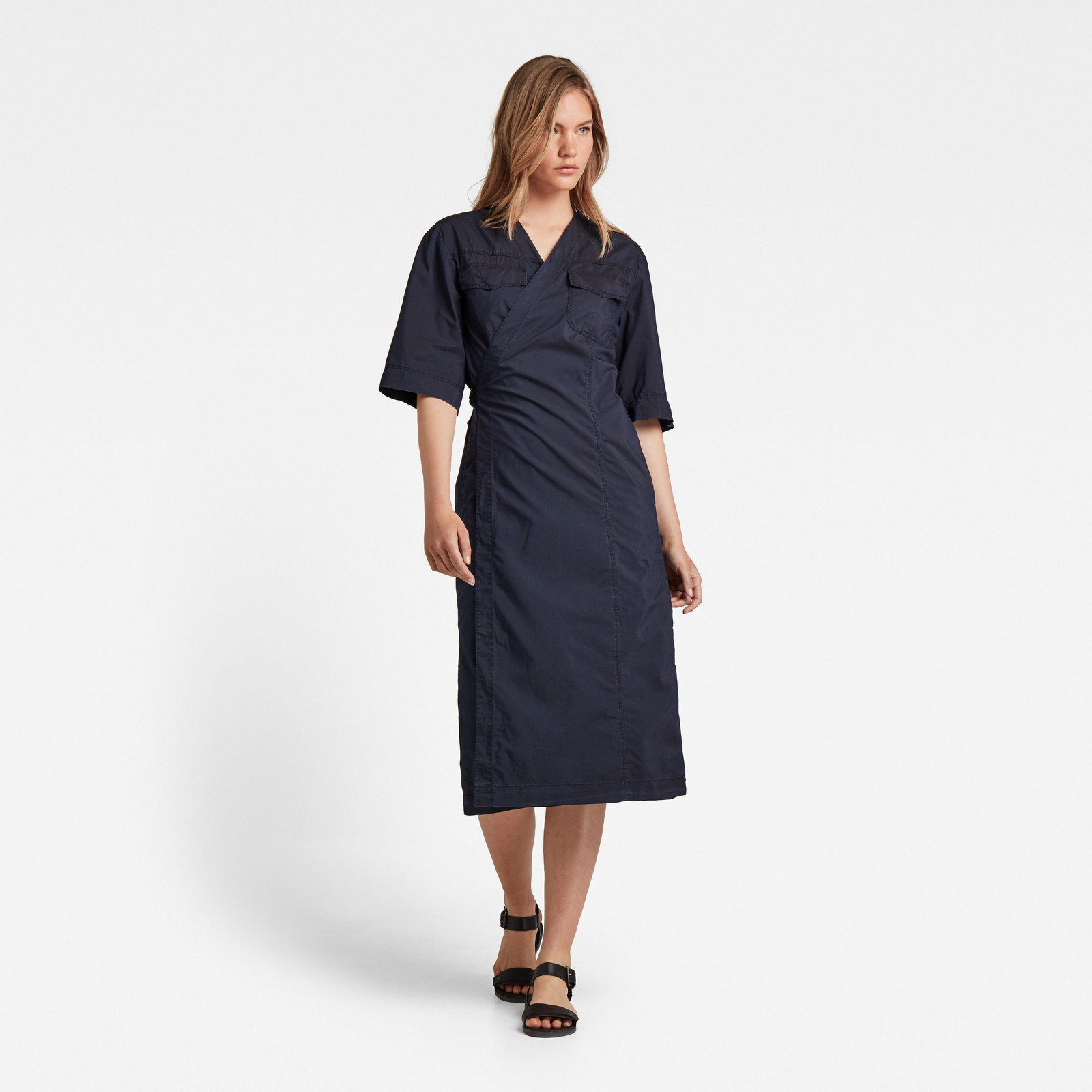 G-STAR Dress - V-neck midi wrap dress blue