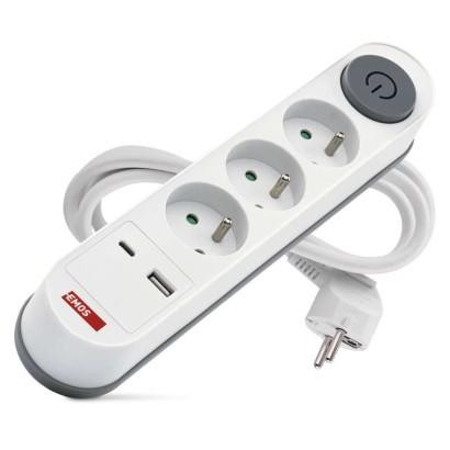 Emos Prodlužovací kabel 2 m / 3 zásuvky / s vypínačem / bílý / 1×USB-A + 1×USB-C / 1,5 mm2 P1312PD