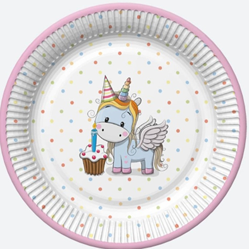 Talířky papírové Jednorožec s puntíky 18 cm 8 ks