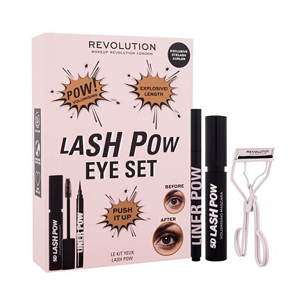 Makeup Revolution London Lash Pow Eye Set dámská odstín černá dárková sada řasenka 5D Lash Pow Mascara 12,2 ml + oční linky Liner Pow 0,5 ml Black + kleštičky na řasy poškozená krabička