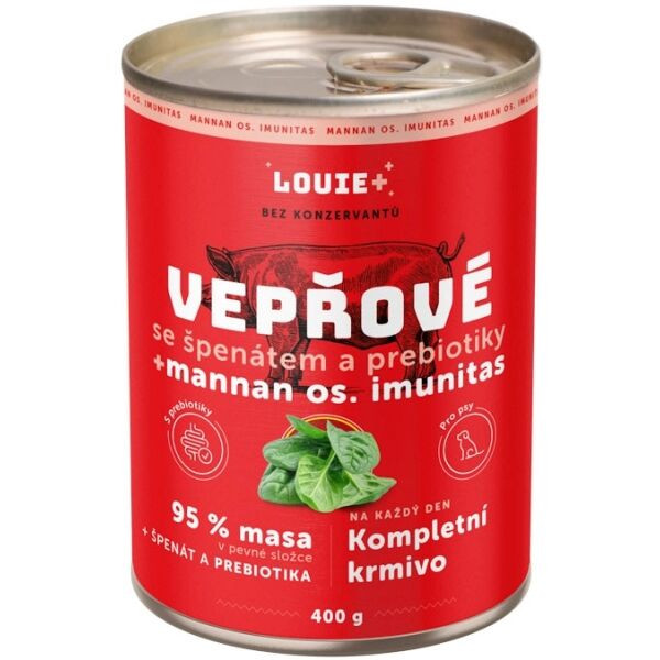 LOUIE Vepřové se špenátem a prebiotiky 400g Psí konzerva, červená, velikost