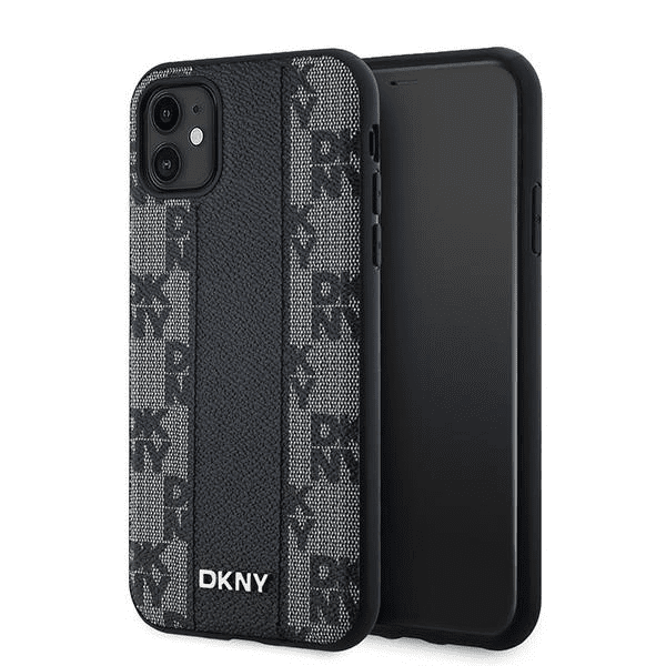 Kožené pouzdro DKNY Checkered Mono Pattern MagSafe pro iPhone 11 / Xr - černé 3666339259730