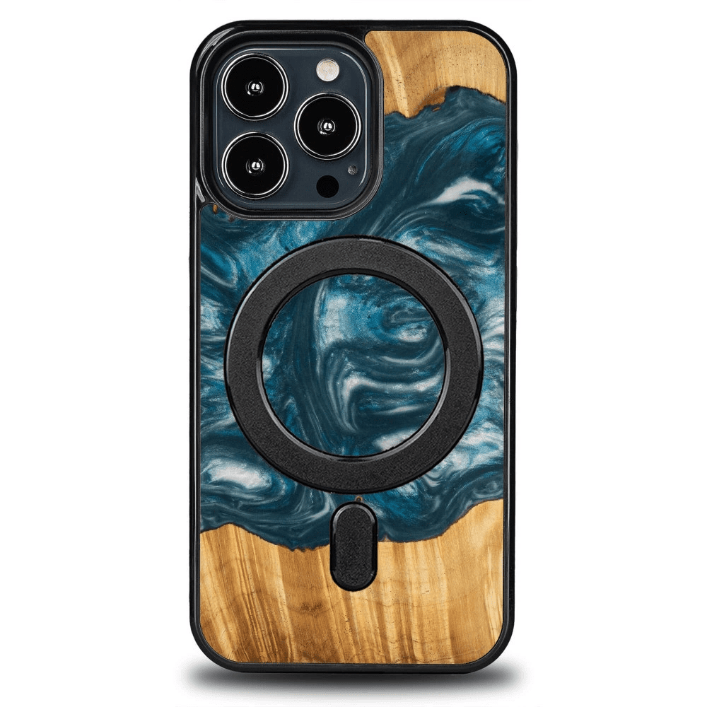 Pouzdro Bewood Unique MagSafe Air Element ze dřeva a pryskyřice pro iPhone 13 Pro - modré a bílé 5907511787060