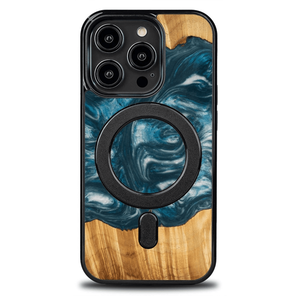 Pouzdro Bewood Unique MagSafe Air Element ze dřeva a pryskyřice pro iPhone 14 Pro - modré a bílé 5907511786308