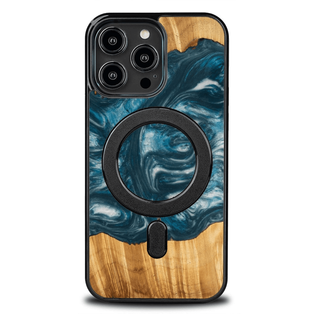 Pouzdro Bewood Unique MagSafe Air Element ze dřeva a pryskyřice pro iPhone 14 Pro Max - modré a bílé 5907511786490