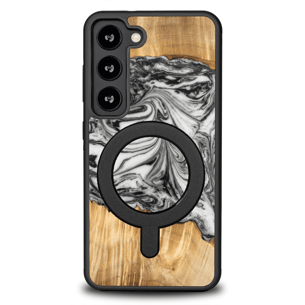 Pouzdro Bewood Unique MagSafe Earth Element ze dřeva a pryskyřice pro Samsung Galaxy S23 - černobílé 5906306010666