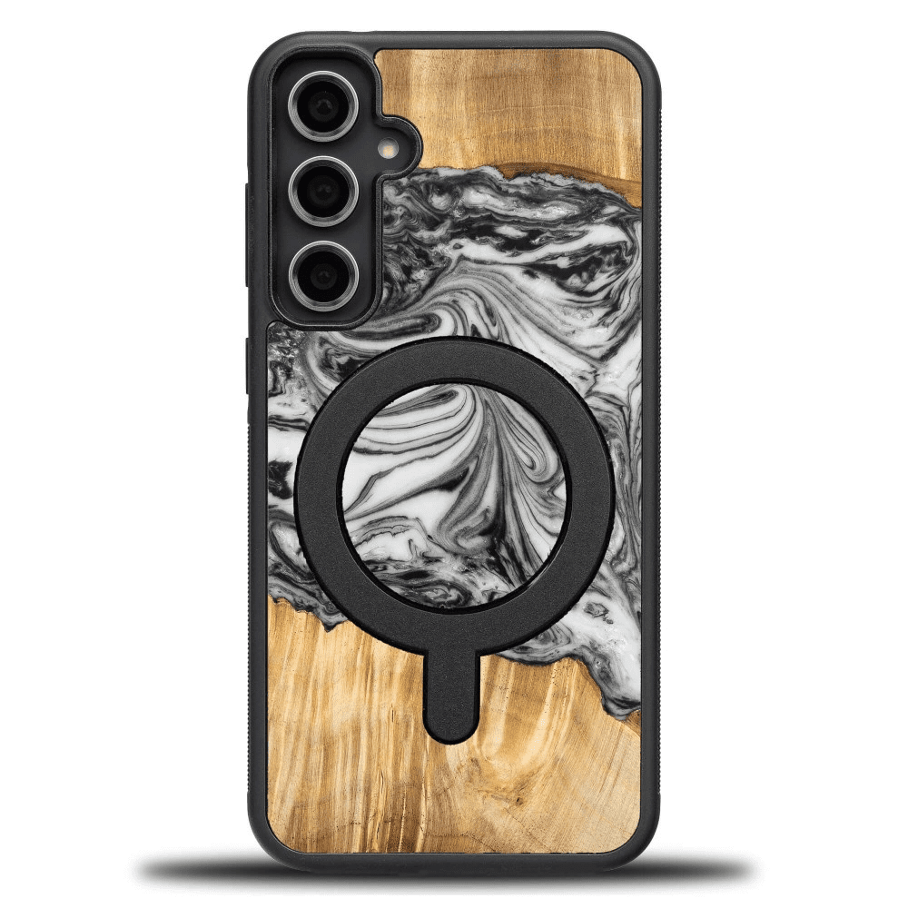 Pouzdro Bewood Unique MagSafe Earth Element ze dřeva a pryskyřice pro Samsung Galaxy S23 FE - černobílé 5906306011236