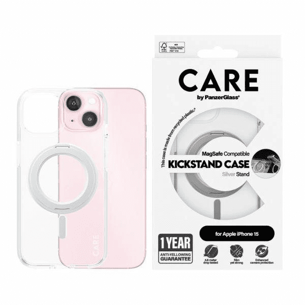 CARE by PanzerGlass Kickstand Case MagSafe pro iPhone 15 - stříbrný