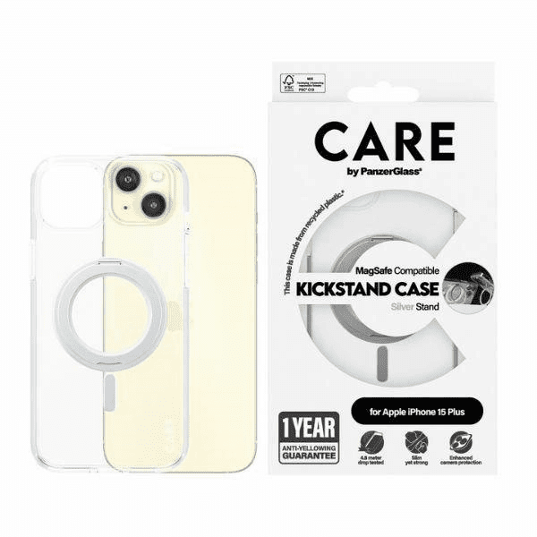 CARE by PanzerGlass Kickstand Case MagSafe pro iPhone 15 Plus - stříbrný