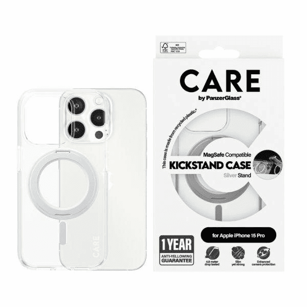 CARE by PanzerGlass Kickstand Case MagSafe pro iPhone 15 Pro - stříbrný