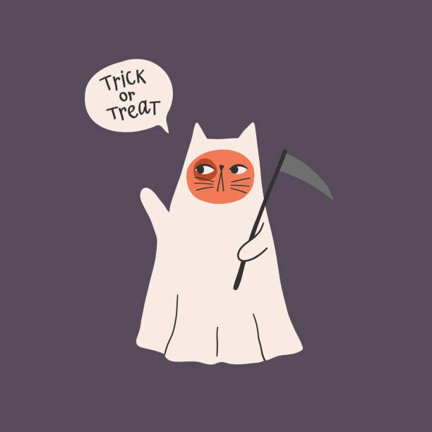 Irina Ostapenko Ilustrace Cute ghost cat vector illustration. Funny, Irina Ostapenko, 40 × 40 cm