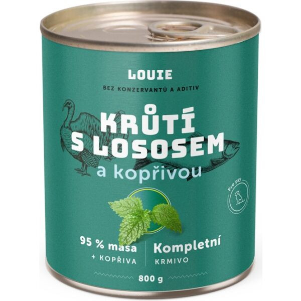 LOUIE Krůtí s lososem a kopřivou 800 g Psí konzerva, zelená, velikost