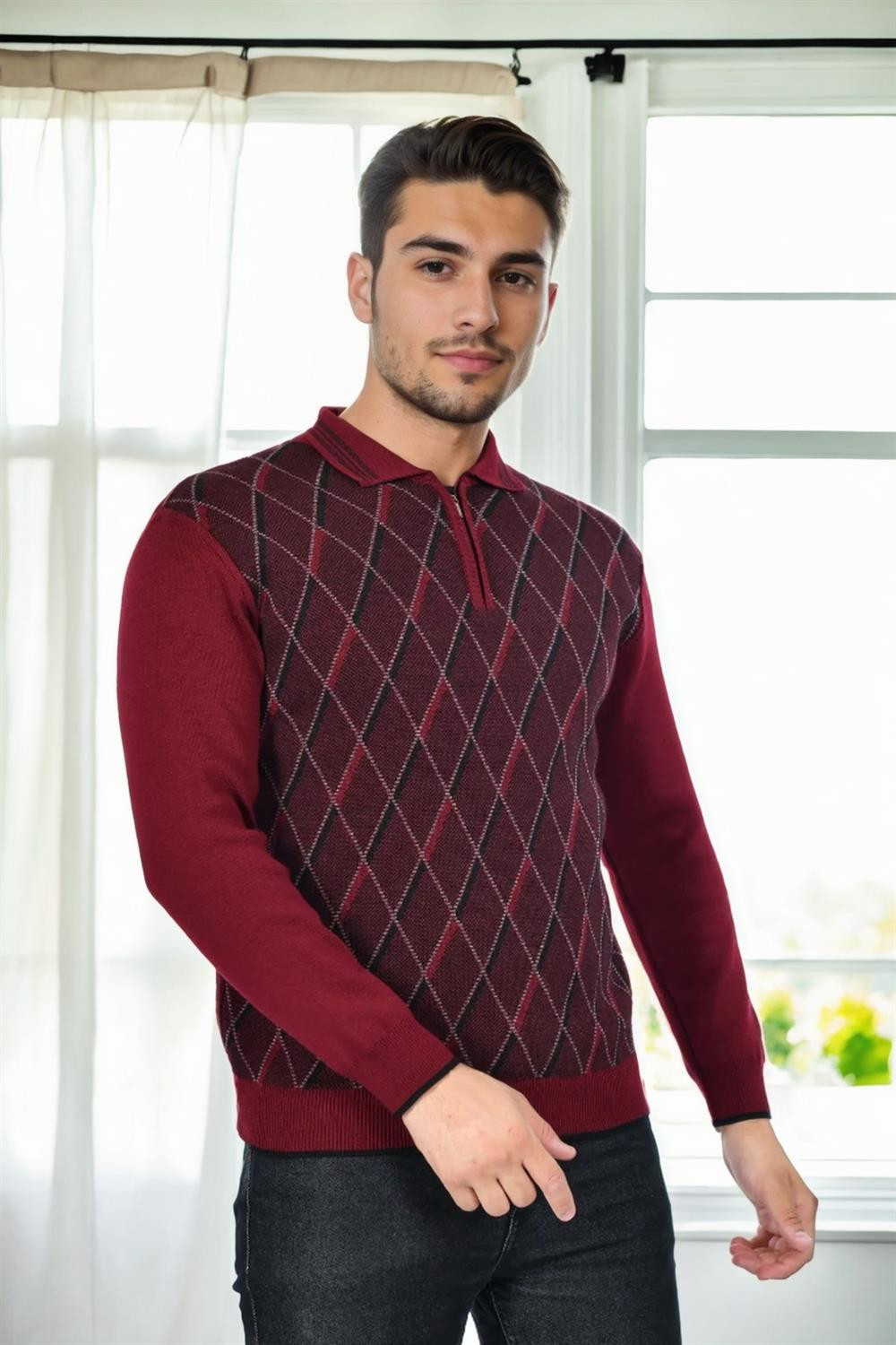 29477 Dewberry Zippered Polo Collar Mens Sweater-BORDEAUX