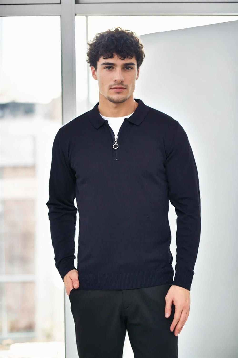 82155 Dewberry Polo Neck Half Zipper Slim Fit Mens Sweater-NAVY