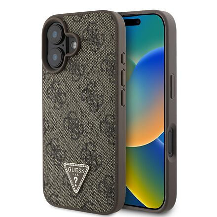 Guess PU 4G Strass Triangle Metal Logo Zadní Kryt pro iPhone 16 Brown GUHCP16SP4TDPW