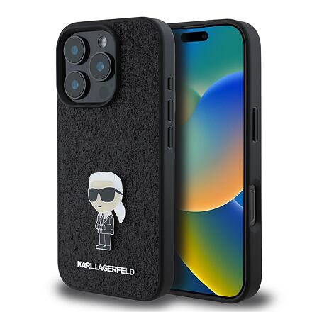 Karl Lagerfeld Fixed Glitter Metal Ikonik Zadní Kryt pro iPhone 16 Pro Black KLHCP16LGKNPSK