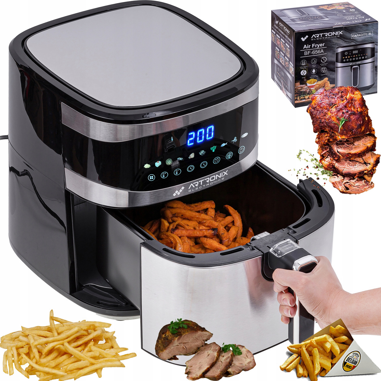 Fritéza Bez Tuku Air Fryer Trouba Barva Displej 6,5L 1600W