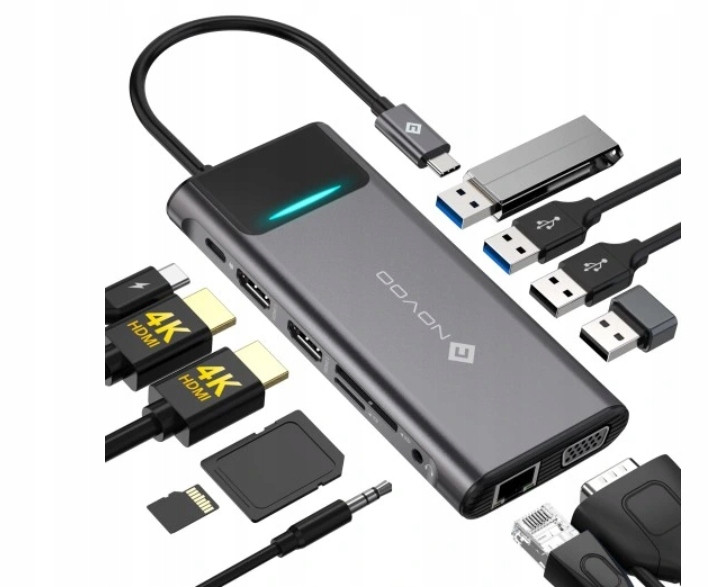 Usb hub Novoo Usb C multiport, Dokovací stanice 12 v 1, Hdmi, Vga, jack, Pda