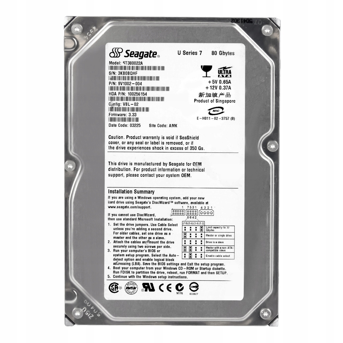 Seagate U Series 7 80GB Ata 7,2K 1MB 3,5'' ST380022A